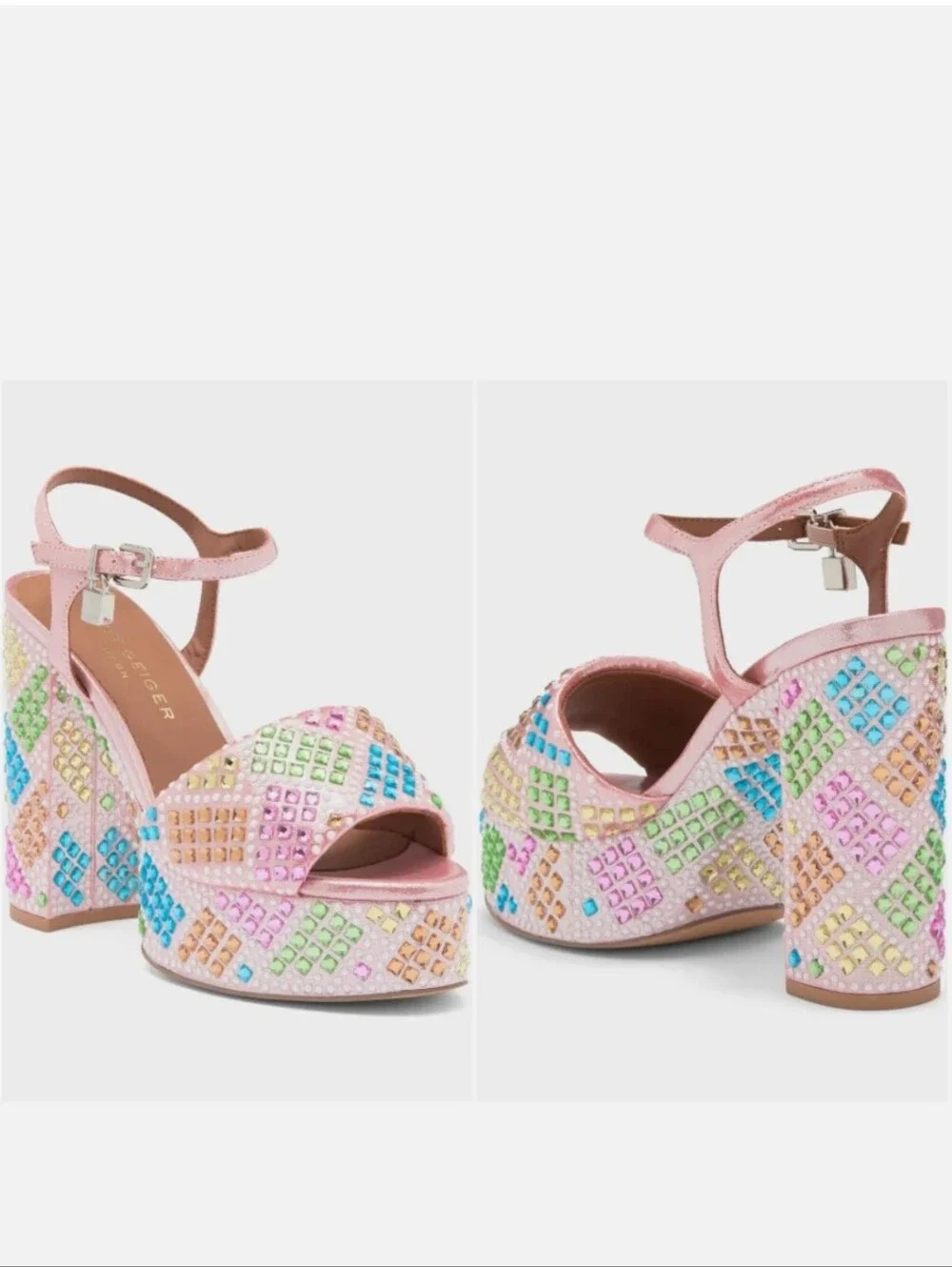 Kurt Geiger London Brixton Platform Heel Sandal Shoe Pink Embellished Sz 9.5